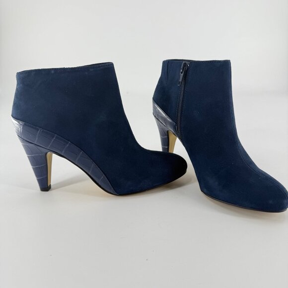 Bella Vita Navy Suede Croc Heel Ankle Boots 7M Leather Upper Side Zipper - Picture 3 of 10